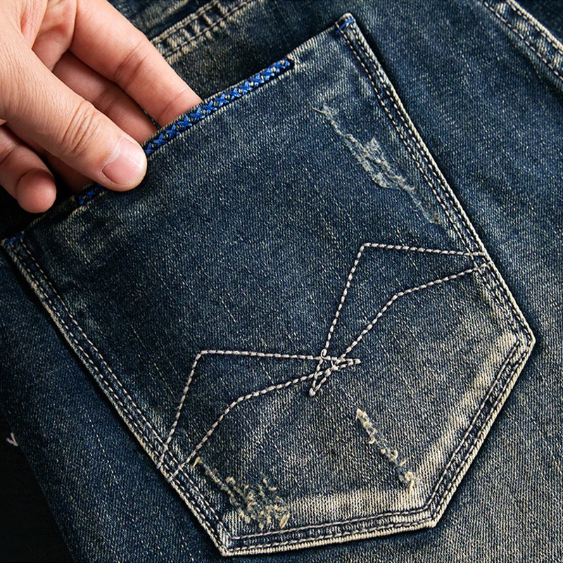 Summer Vintage Fashion Men Jeans Retro Washed Blue Stretch Slim Fit Ripped Short Jeans Printed Hip Hop Denim Shorts Men 241205