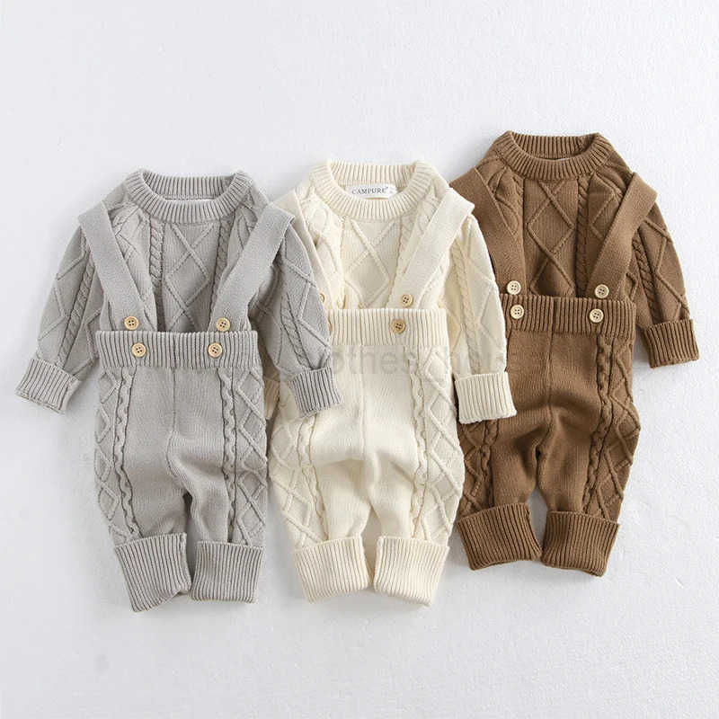2024 New Autumn Winter Children Knitted Clothes Suit Long Sleeved Knitted Pullover+Jumpsuit Newborn Baby Boys Girls Clothing SetXJ241205