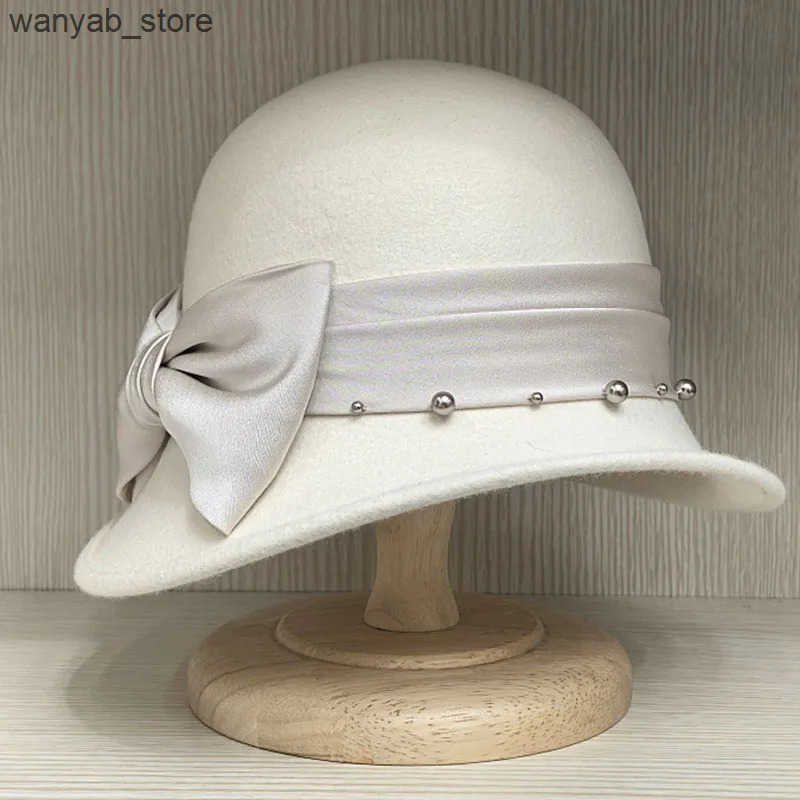 Cloches Fashion Slope Brim Felt Womens Hat Winter Wool Cloche Hat Ribbon with Pearl Bowling Hat Bucket with Bow Accent Church Party Hat L240910