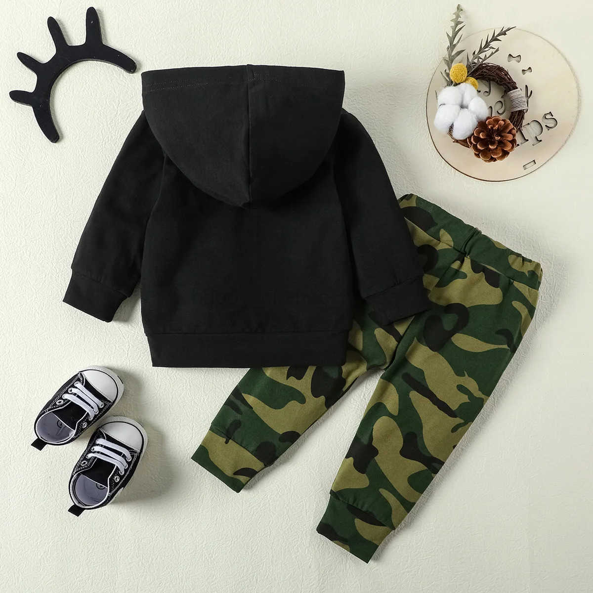 Kids Toddler Boy Clothes Set Black Long Sleeved Hoodie+Camouflage Pants Children Baby Fashion Spring Outfit SuitXJ241205