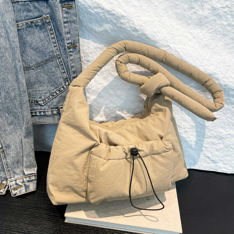 Casual nylon fabric single shoulder crossbody bag women, cotton clip, knottable shoulder strap handbag, cotton filled drawstring tote bag 241215