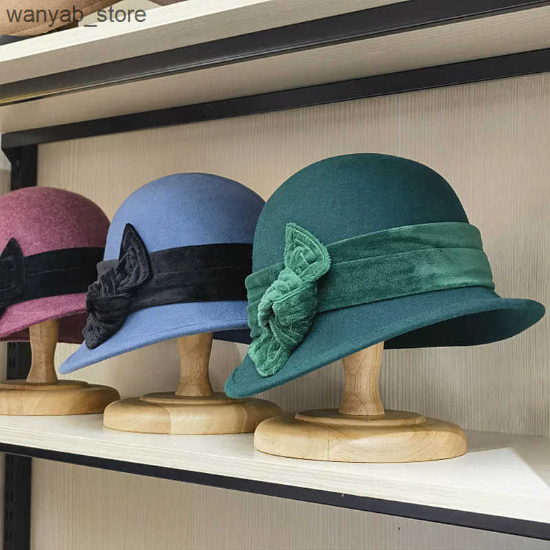 Cloches 2023 New Autumn/Winter Japanese Wool Fce Velvet Bow Decoration Curly Womens Retro Basin Hat Fishermans Hat Fashion Felt L240910
