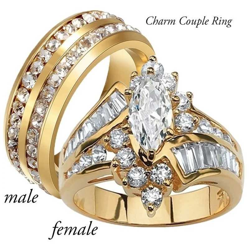 Fashion couple ring womens marquis cut crystal CZ ring mens double row CZ stone stainless steel ring W241205