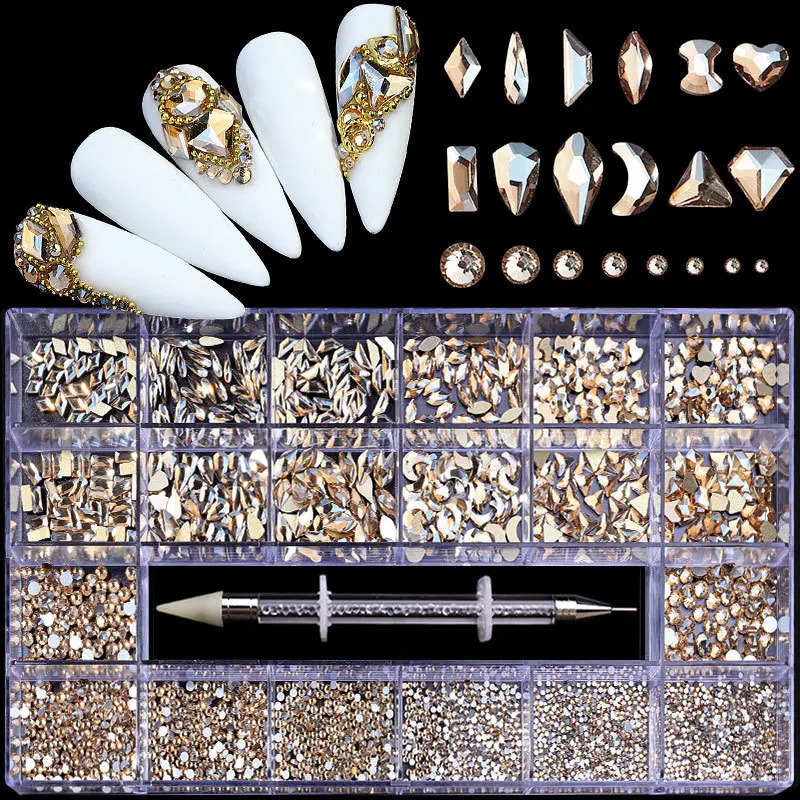 2500pcs Glass Crystal Diamond Flat Rhinestone Nail Art Decoration 21 Grid Box Nail Accessories Set Comes with 1 Pick up Pen 241205