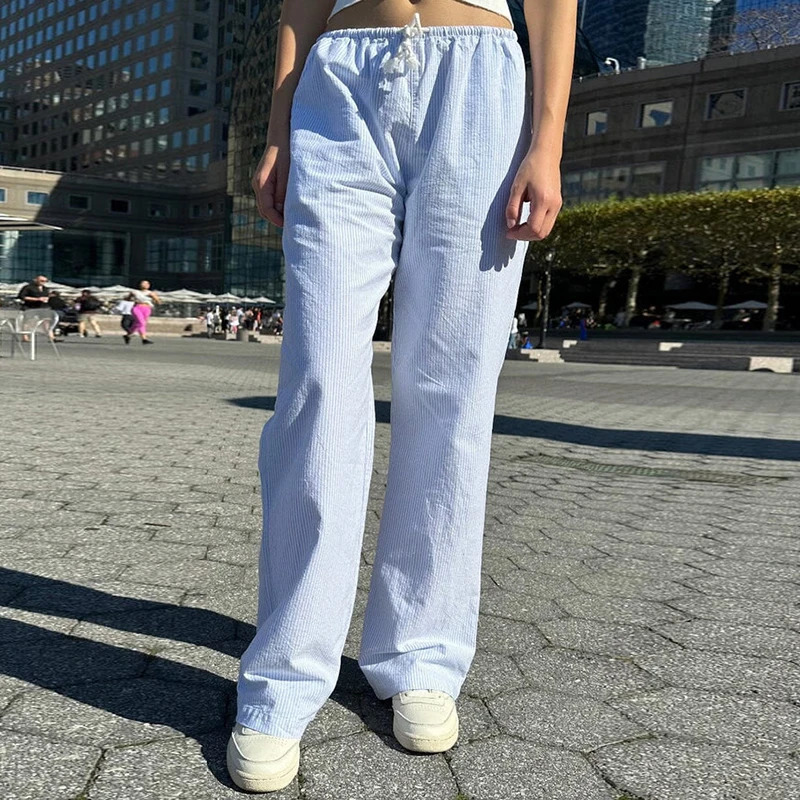 Comfy Loung Pants Streetwear Casual Tie Up Waist Wide Leg Trousers Y2K Vintage Striped Loose Pants Women Pajamas Sleepwear 241204
