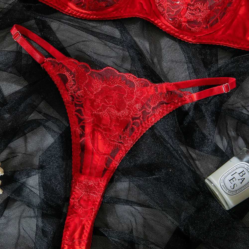 Embroidery Lingerie Set Women 2-Piece Bra + Panty Underwear Set Red Valentines Day IntimatesXJ241205