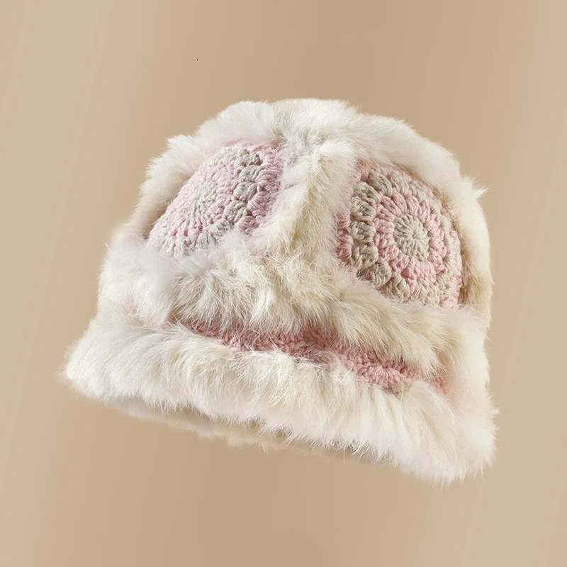 Rabbit fur knitted plush hat womens autumn and winter fluffy tiger head lion awakening hat cute display face small wool hat 241205