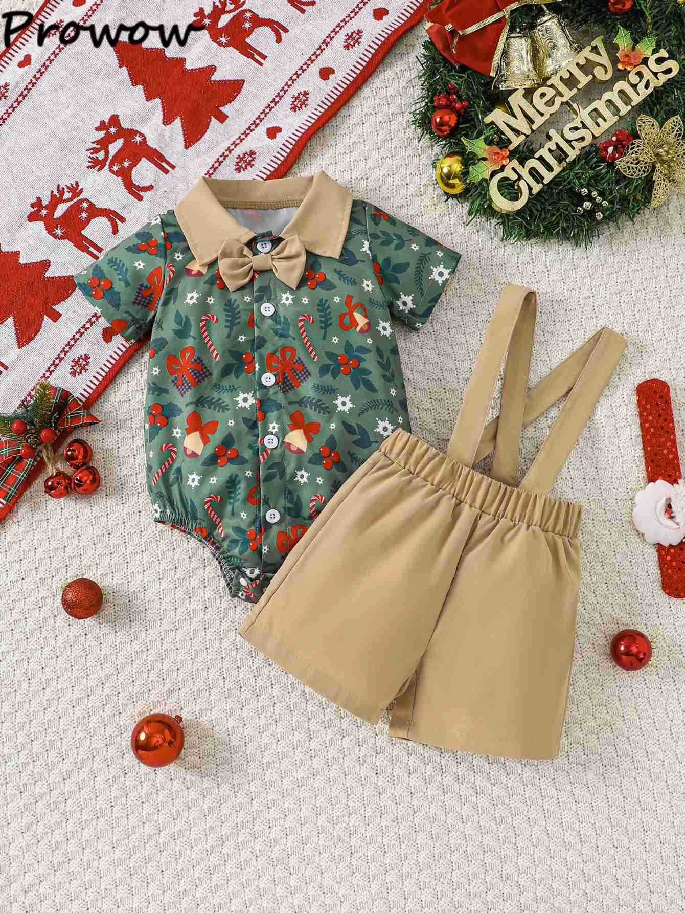 Pro Baby Boys Christmas Outfits Xmas Print Necktie Shirts Romper+Suspender Pants Newborn Christmas Sets New Year Baby CostumeXJ241205