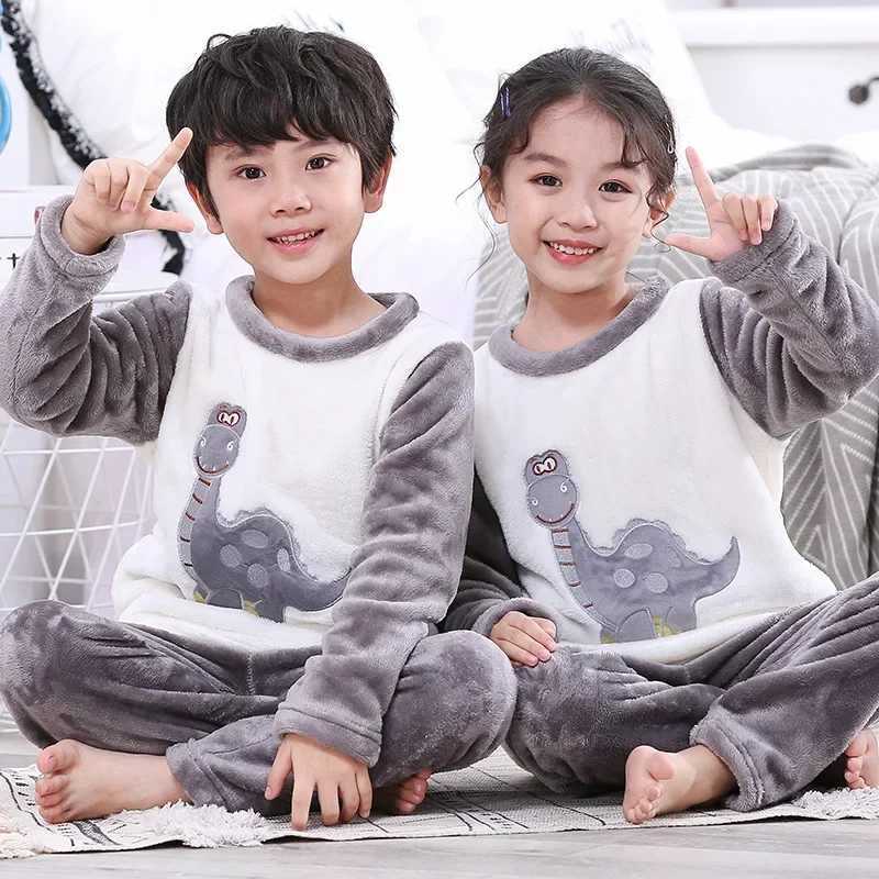 Pajamas Children Pajama Velvet Thickened Warm Cartoon Casual Loungewear Kids Boy Girl Flannel Set Long Sleeve Coral Fleece Winter Clothe H241205