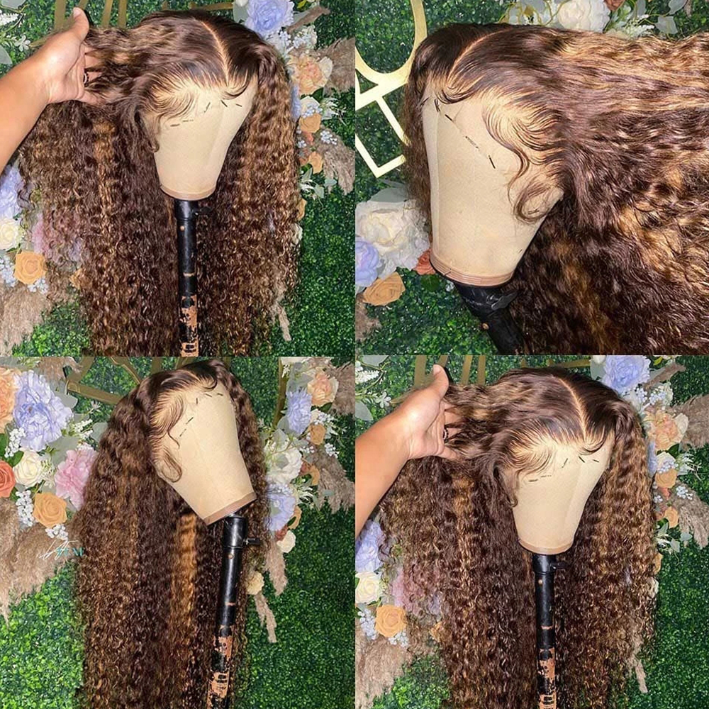 HD 13X4 Highlight Human Hair Deep Curly Ombre Brown Front 13X6 Water Wave Honey Blonde Transparent Lace Frontal Wig