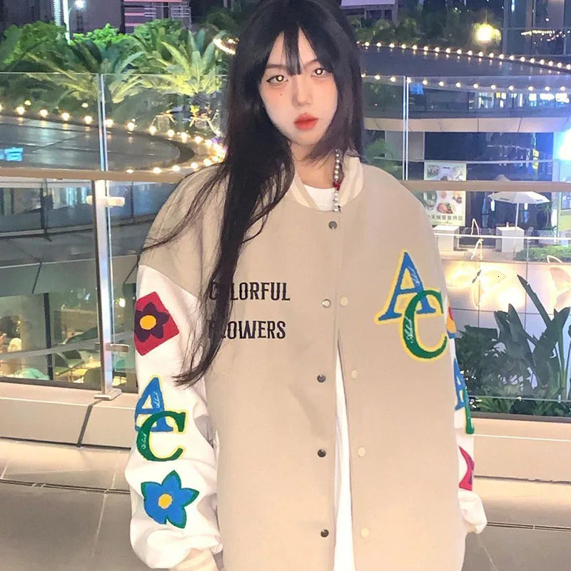 American Retro Jacket Women Embroidered Hip Hop Letter Loose Long Sleeve Patchwork Baseball Uniform Lady Winter Warm Outerwear 241205