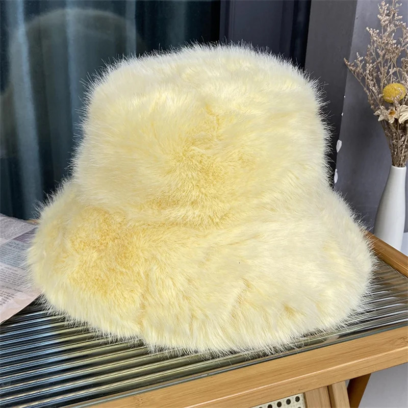 Big Fluffy Artificial Fur Bucket Hat Womens Plush Fishermans Hat Warm Winter Fishermans Hat Colorful Gorgeous 241205