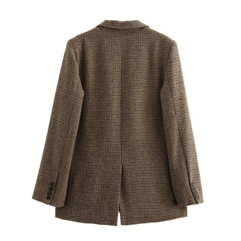 TRAF Plaid Blazer Women Autumn Office Lady Button Pocket Decoration wool blend Female Chic Outwear Blazers 241204