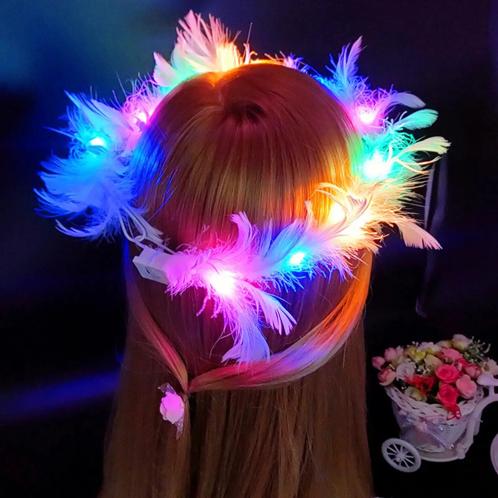 LED Feather Wreath Crown Headband Neon Angel Halo Luminous Headdress For Women Girls Wedding Christmas Glow Party 241122