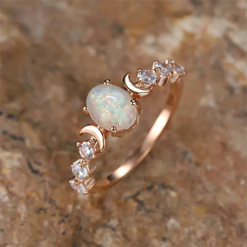 Huitan oval imitation opal ring womens romantic moon design wedding band Accories white/blue womens ring fashionable jewelry W241205