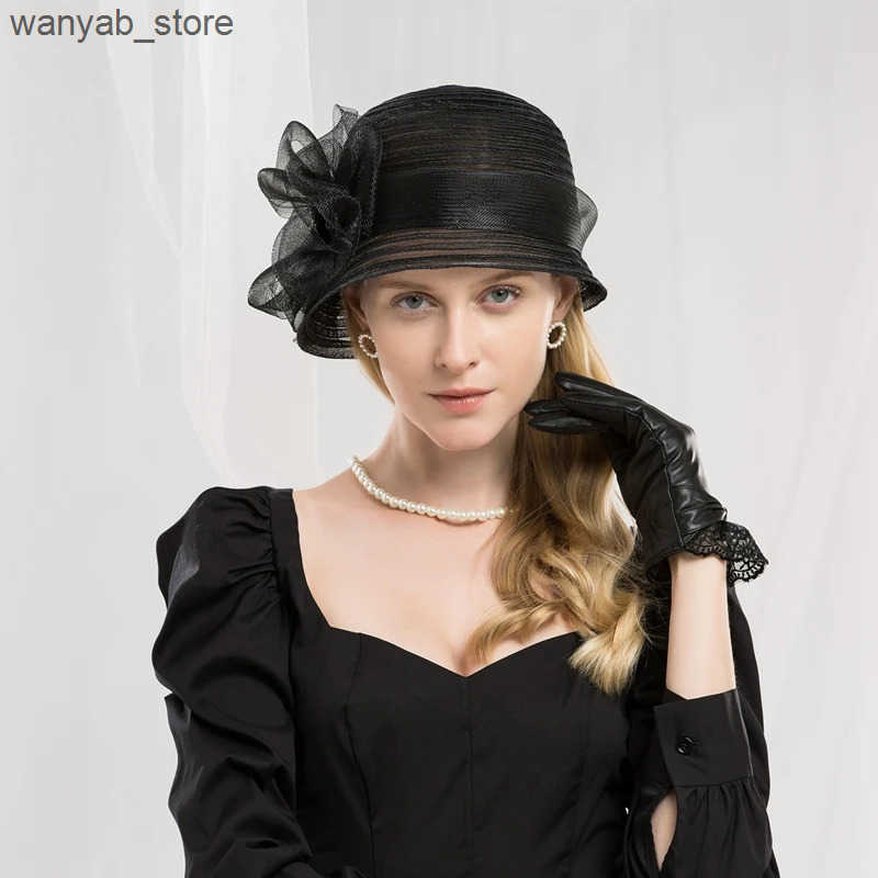 Cloches Womens Fedora Retro Black Hat with Handmade Bow Womens Cloche Bowler Church Hat L240910