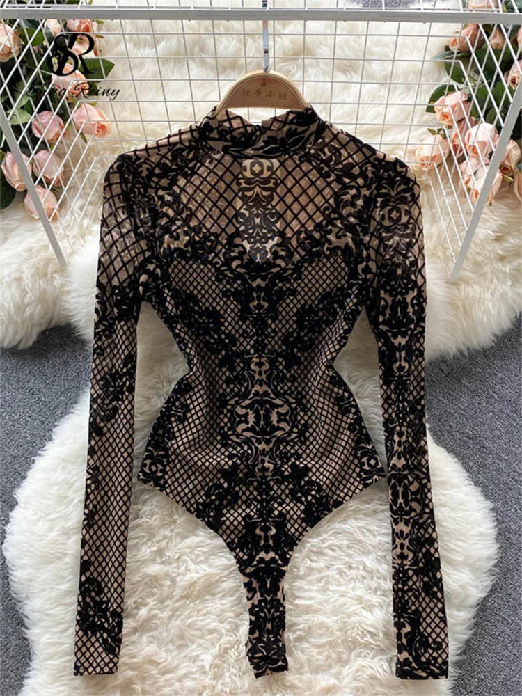 SINGREINY Fashion Summer Velvet Slim Playsuits Long Sleeves Vintage Bodycon Rompers Streetwear Y2K Ins Chic Mesh Sexy Bodysuits 241205