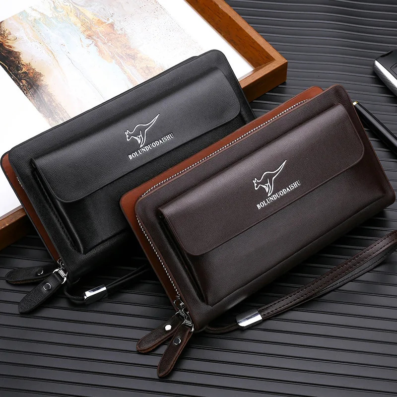 KANGAROO Men Clutch Bag Fashion Leather Long Purse Double Zipper Business Wallet Black Brown Male Casual Handy 241204