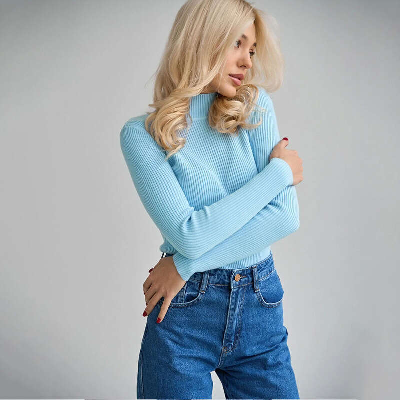 Solid color semi high neck sweater for European American women in autumn and winter (24 colors) slim fit knitted base sweater, 2024 new casual fashion