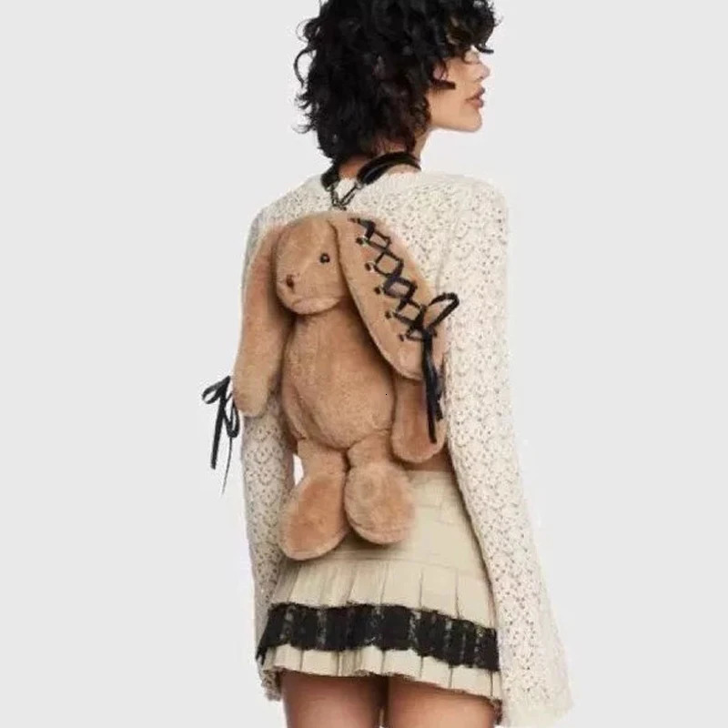 Cute rabbit backpack made of artificial fur suitable for women er handbags and wallets 2024 fashionable plush lace shoulder straps 241205