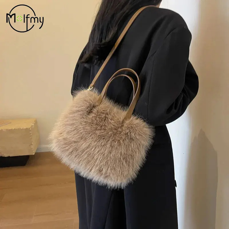 Artificial fur handbag patch work leather womens bucket plush womens handbag shoulder bag Bright Bolsa Feminina 241205
