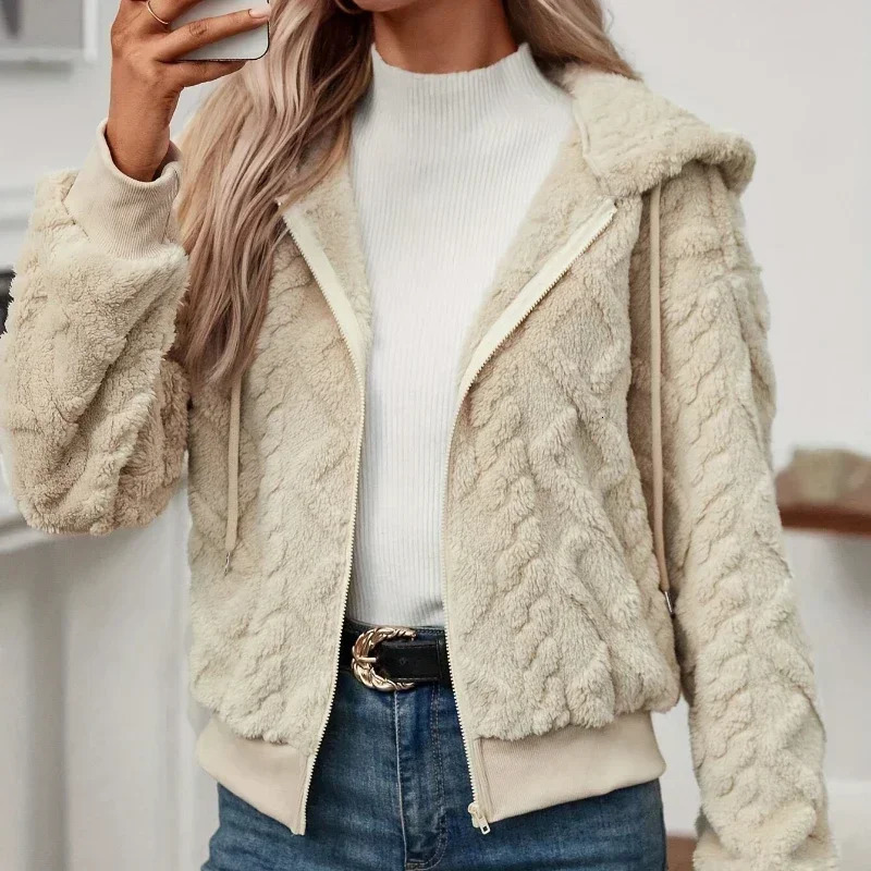 Womens Zip Up Fuzzy Hooded Jacket Long Sleeve Teddy Jacket Coat Women Warm Winter Outerwear Perfect for Cold-Weather Clothing 241205