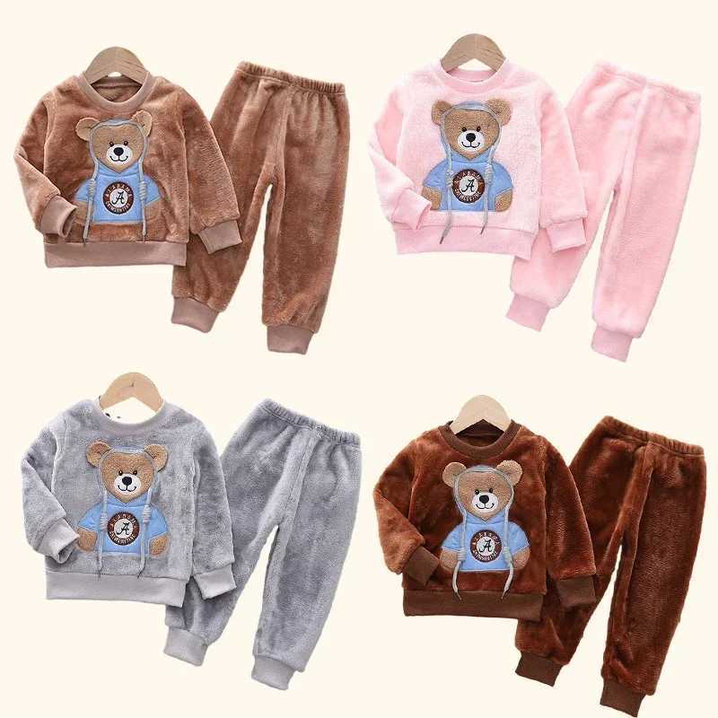 Pajamas Children Clothing Set Baby Pajamas Set Thick Flannel Fleece Child Sleepwear 2Pcs Sets Warm Home Suits Kids Clothes Autumn Winter H241205