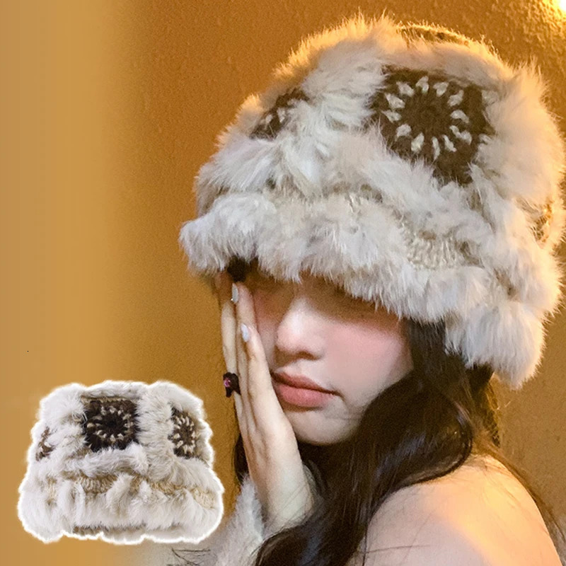 Rabbit fur knitted plush hat womens autumn and winter fluffy tiger head lion awakening hat cute display face small wool hat 241205