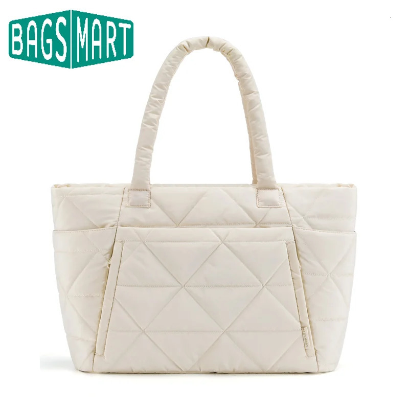 BAGSMART Puffy Tote Bag Large Quilted Shoulder with Compartments for Travel Work Gym Cotton Padded Plaid Underarm Handbag 241204
