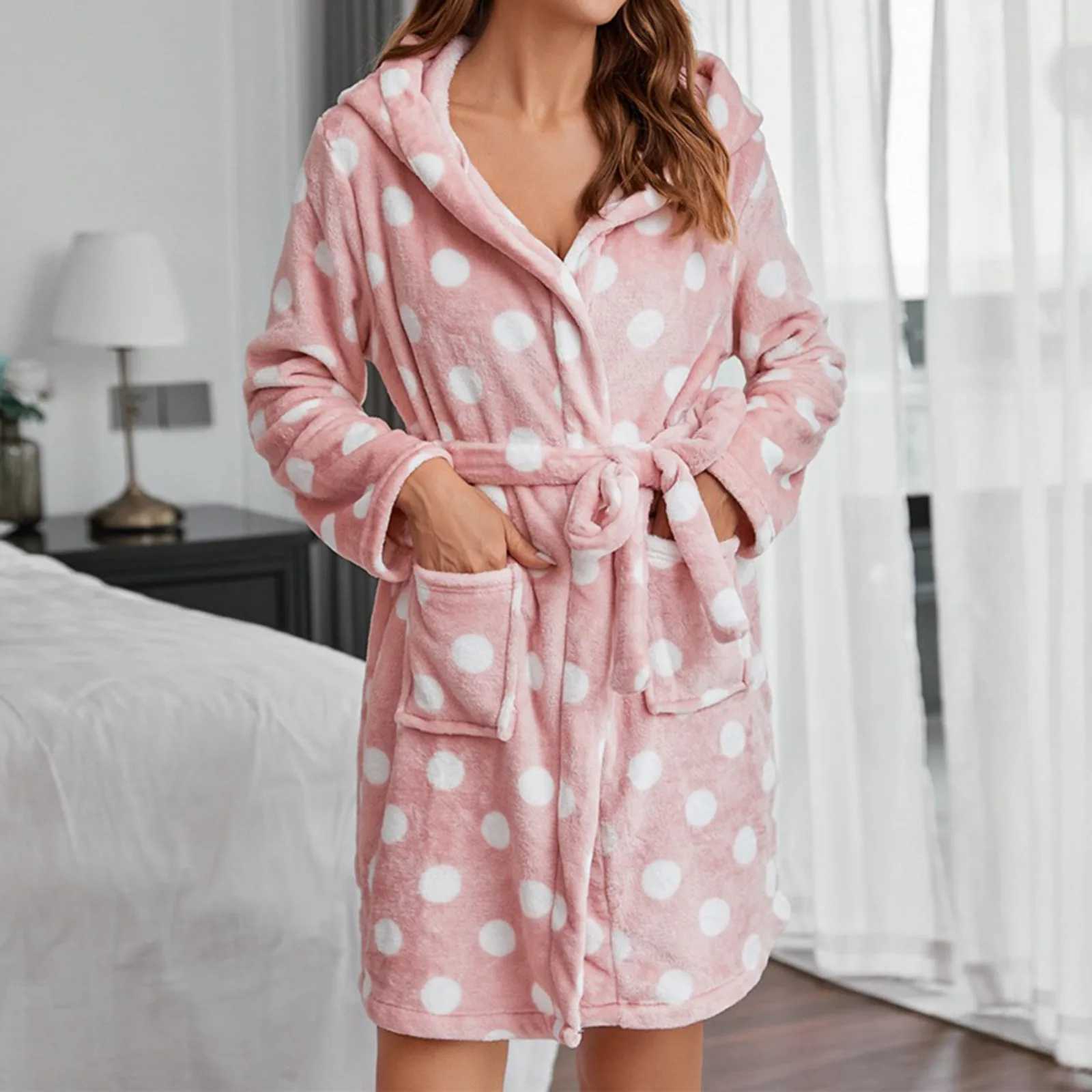 Womens bathroom Drstring waist hooded short night light home clothing womens polka dot printed casual clothing cardigan pocket W241204