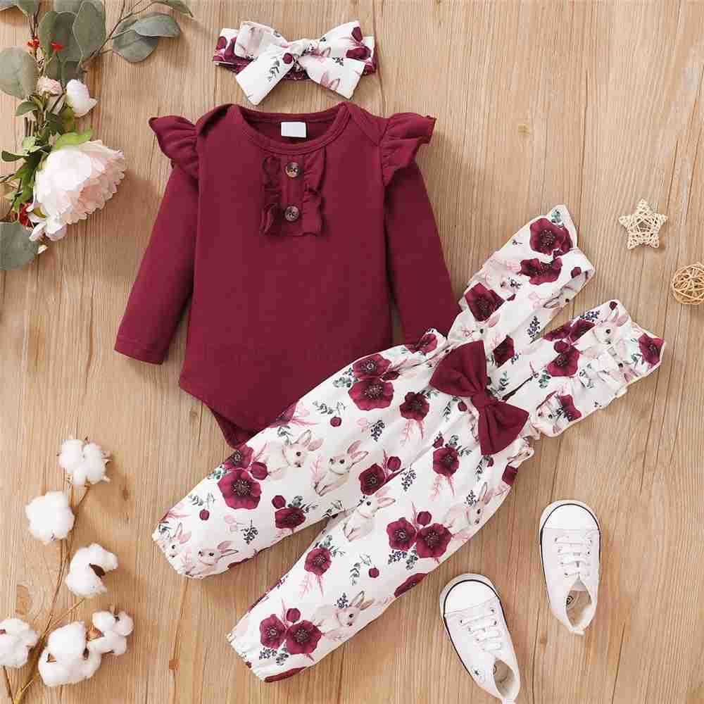 0-18Months Baby Girl Clothes Set Red Color Long Sleevs Bodysuit + Flower Strap Pants 2PCS Infant Girl New Years Clothing SuitXJ241205