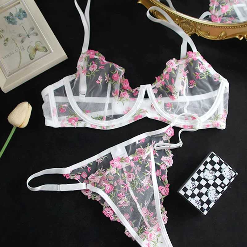 Super beautiful floral embroidery lingerie sweet sexy mesh bra set s girl pure desire underwear femaleXJ241205