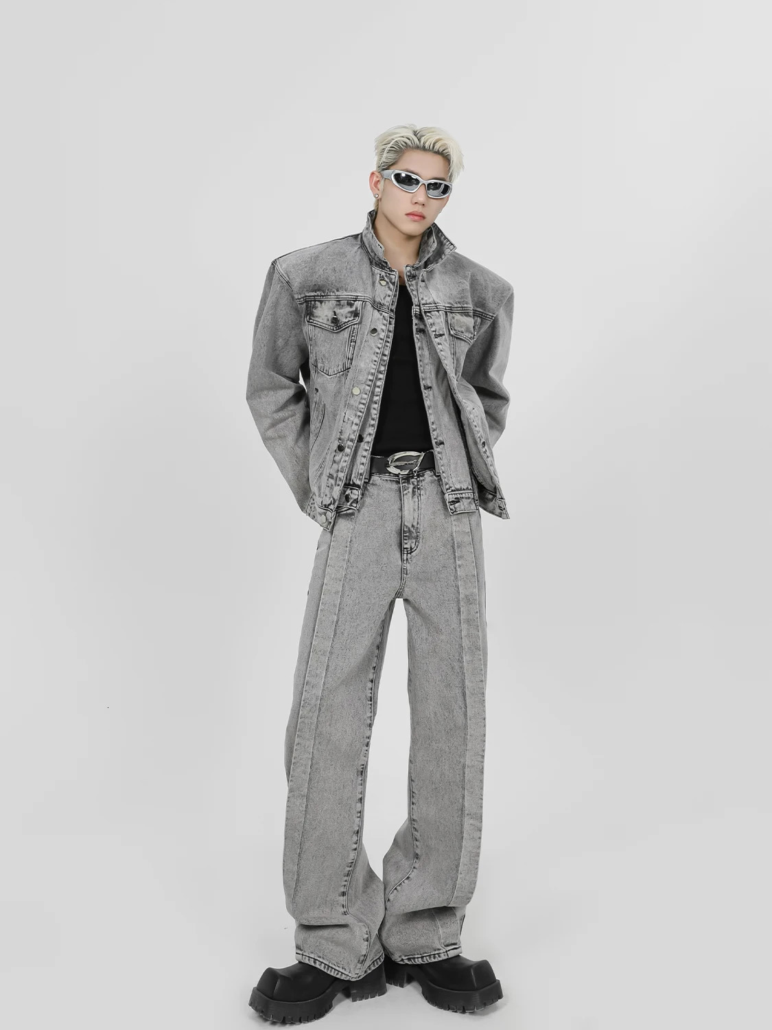 Gmiixder Gothic Spliced Shoulder Pad Denim Jacket Mens Spring and Autumn er Retro Washed Grey Jeans Two Piece/Single Set 241130