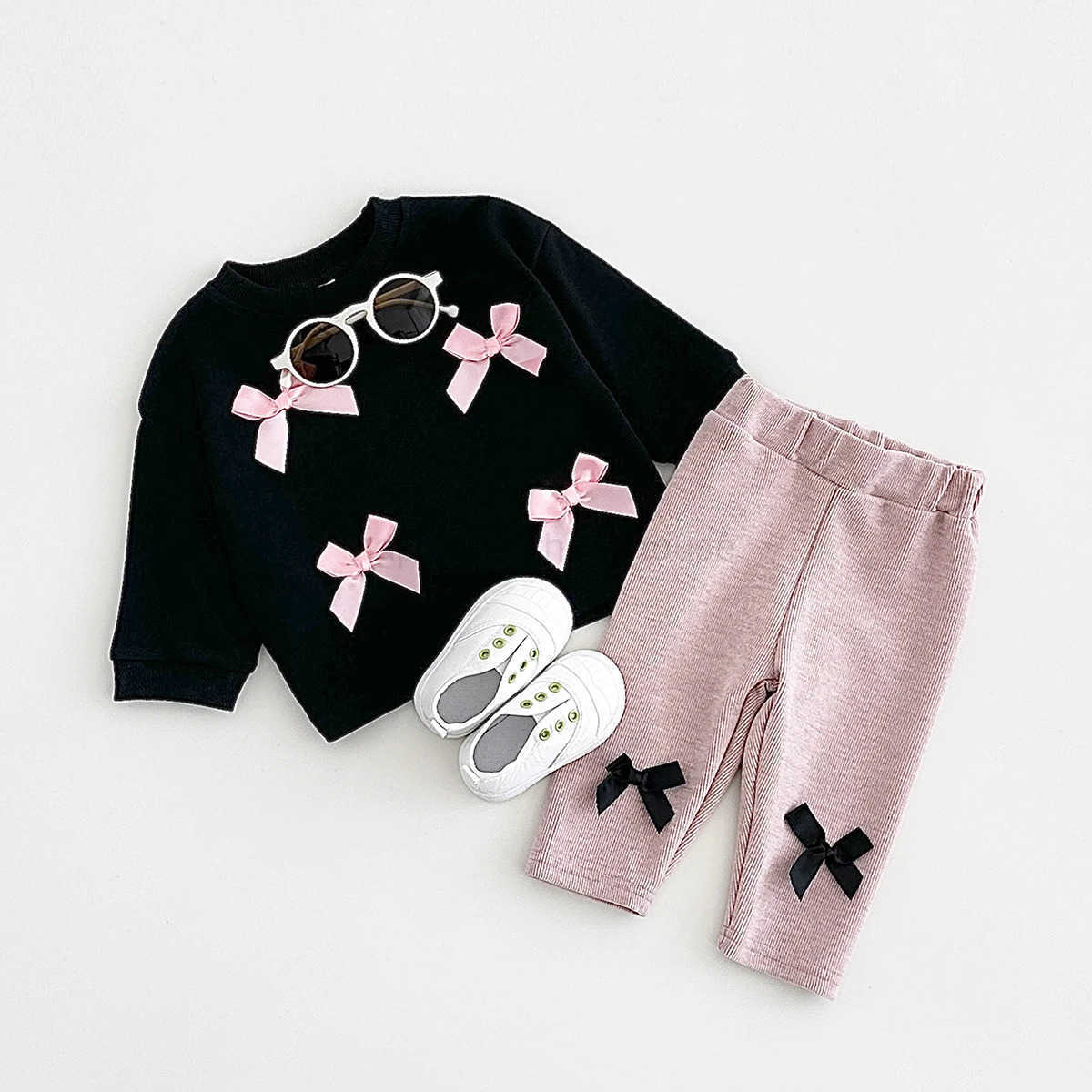 Ins Toddler Baby Suit Infant Outfit Baby Girls Spring Autumn Long Sleeved Bow Top Pullover+Pants Newborn Baby Clothes Sets 0-3YXJ241205