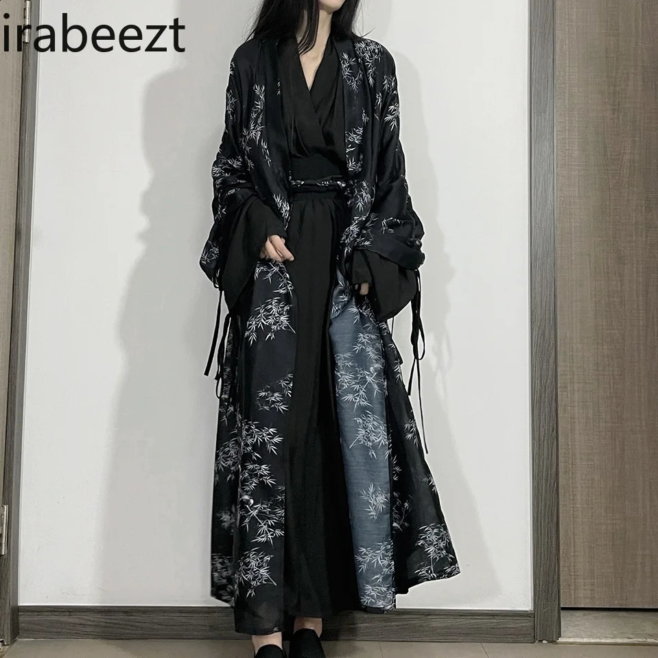 Autumn and Winter Chinese Suit Wei Jin Dynasty Hanfu Printed Skirt Coat Art Outside Acient Loose Long Dress for Women 241205