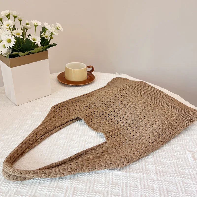 Women Handmade Woven Bags Large Capacity Crochet Hollow Out Handbags for Beach Vacation Casual Shoulder Bag 241204