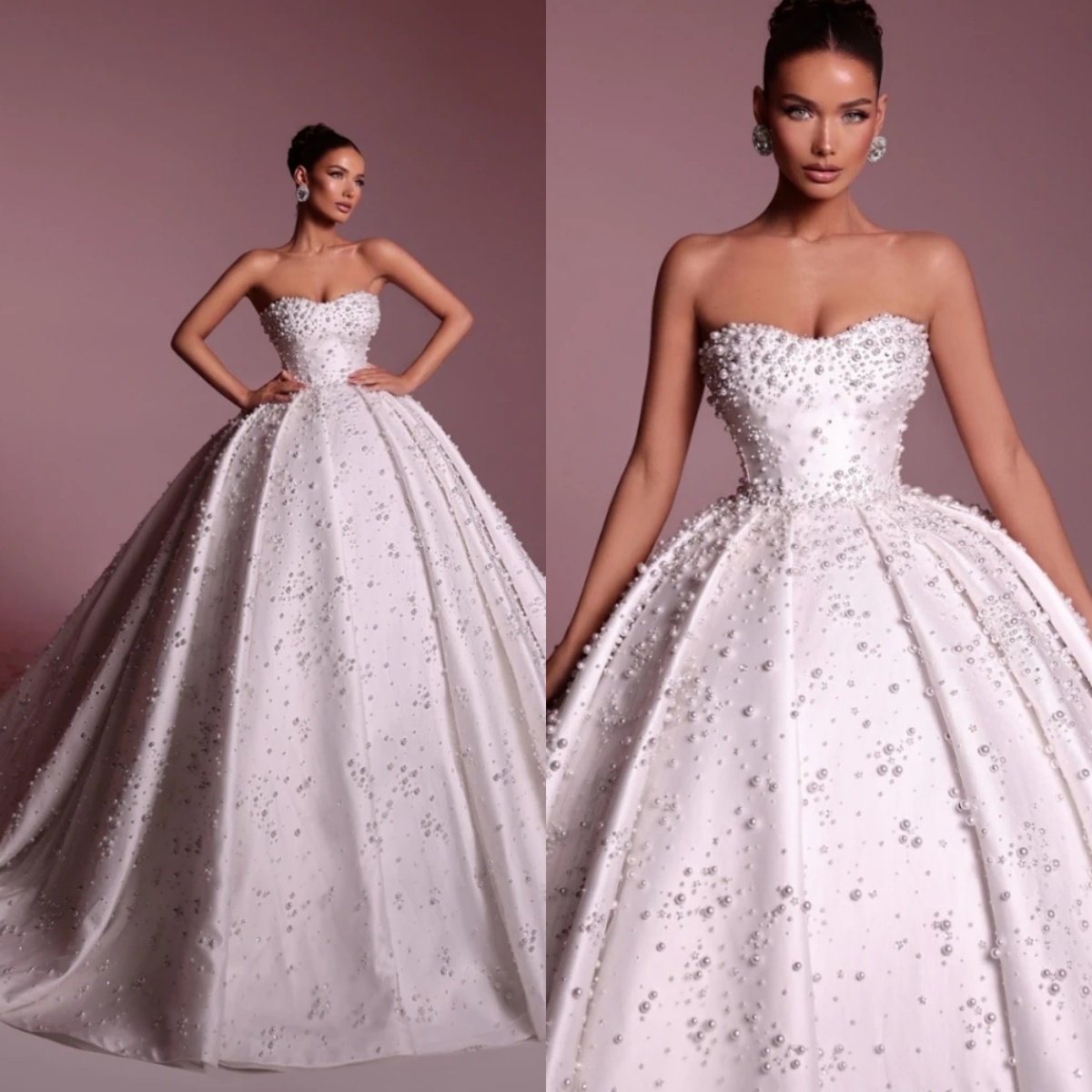 Vintage Pearls Ball Wedding Dress Elegant Strapless Satin Bridal Gown Customized Sleeveless Dresses For Bride vestidos de novia