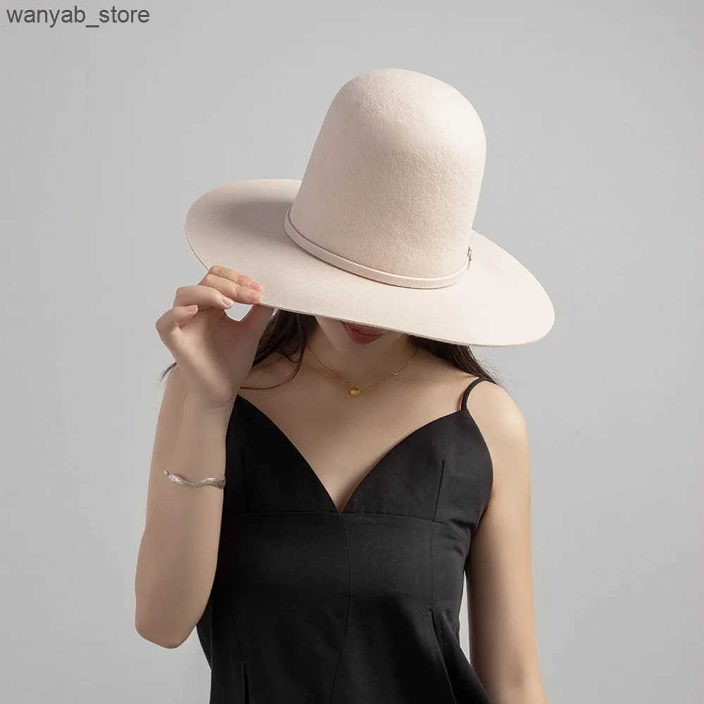 Cloches 2024 New Wide Brim High Open Crown Womens Fedora Walkway Wool Felt Hat Winter Fashion Box Packaging L240910