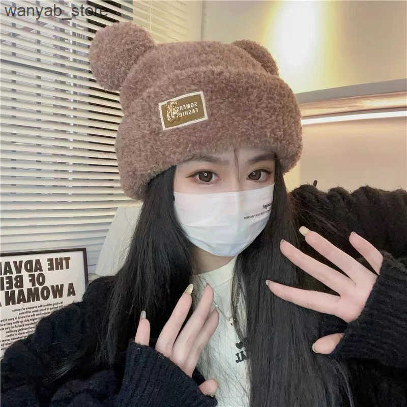 Cloches Fashionable autumn and winter womens Beanies hats warm and cute bear ear hats casual couple knitted plush soft L240910