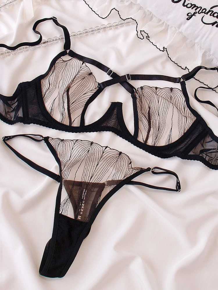 Cross Mesh Eyelash Lingerie Women Lace Steel Bra Hollow Out Underwear Set Deep V Push Up Bras underpant setXJ241205