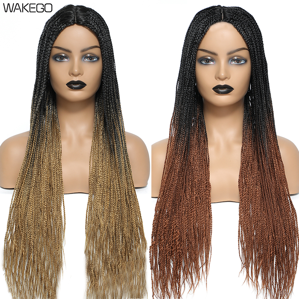 Wakego 26 Inch Ombre Box Wigs For Black Women Braided Fake Scalp Heat Resistant Braiding Hair Wig Peruca Sintetica