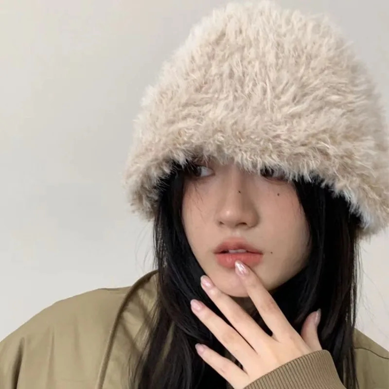 Y2k Plush Fluffy Bucket Hat Womens Korean Ins Casual Edition Fishermans Hat Winter Warm Snow Fur Retro Potted Hat 241205