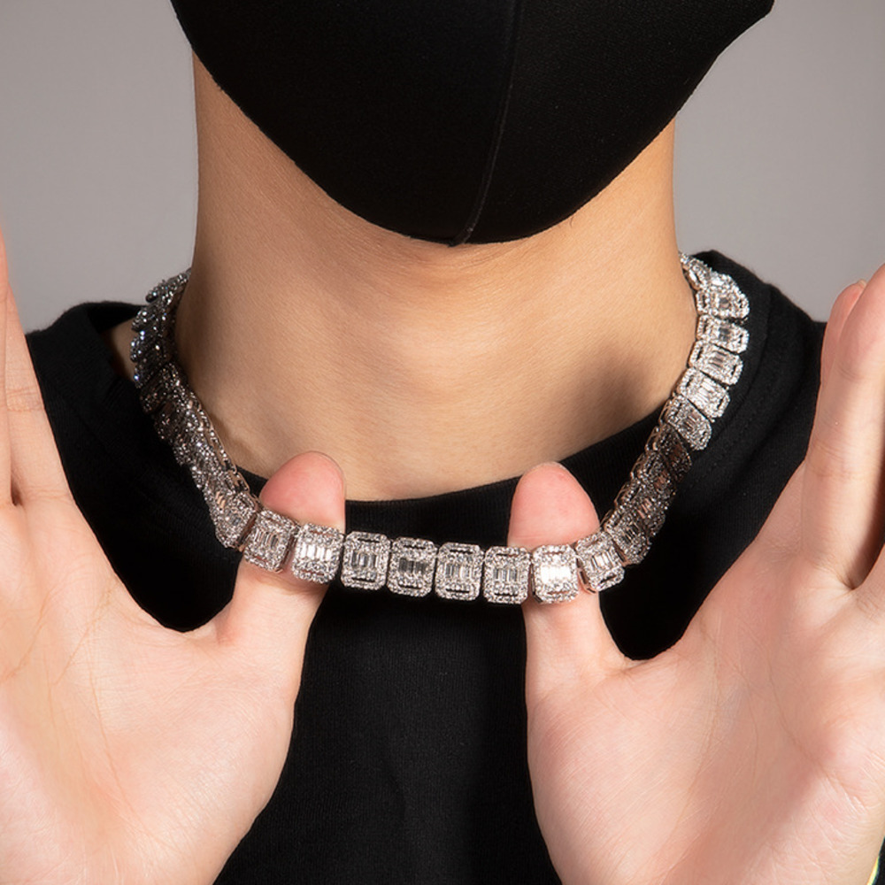 13mm Hip Hop Baguette Tennis Chain Full Crystal Necklace Choker Diamond Nine Palace Chain Wolf Tide Fashion Collar Iced Out Diamond Bijoux Mens Neckla