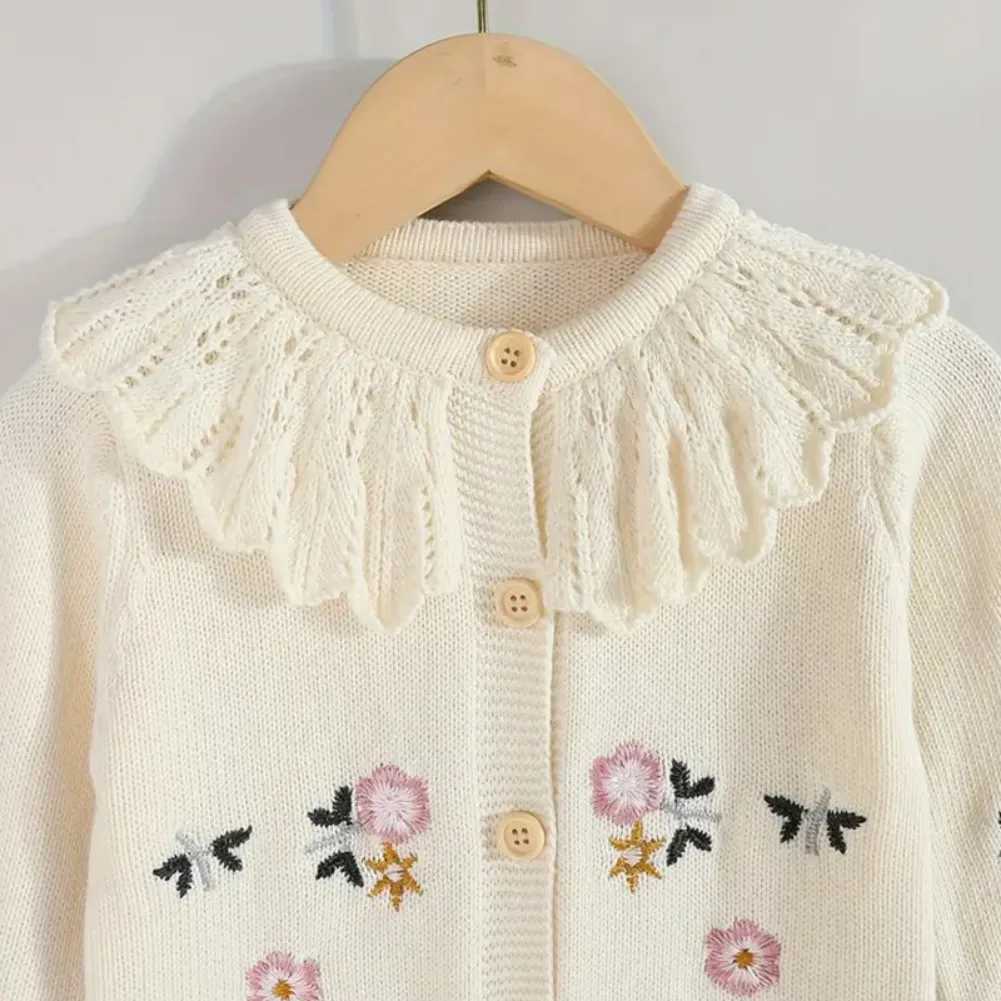Spring and autumn new childrens knitted cardigan for girls cotton embroidered floral long sleeved cardigan W241205