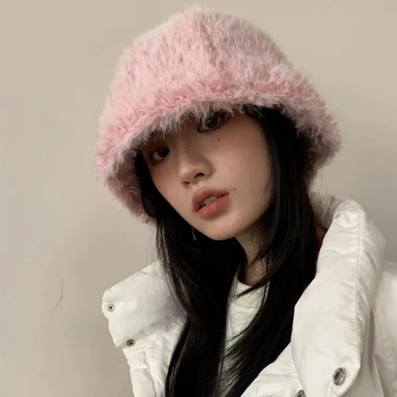 Y2k Plush Fluffy Bucket Hat Womens Korean Ins Casual Edition Fishermans Hat Winter Warm Snow Fur Retro Potted Hat 241205
