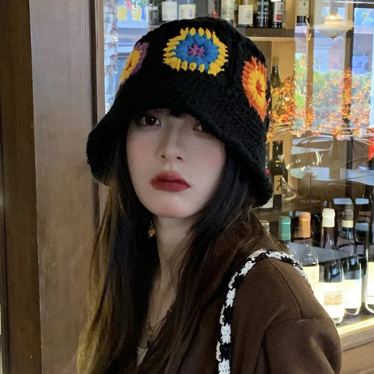 56-58cm knitted flower bucket hat for womens winter fisherman hat womens knitted yarn bucket hat fashionable Chapeau 241205