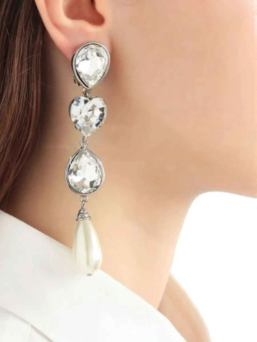Fashion long pendant earrings crystal pearl heart-shaped earrings clip womens jewelry trend 241205