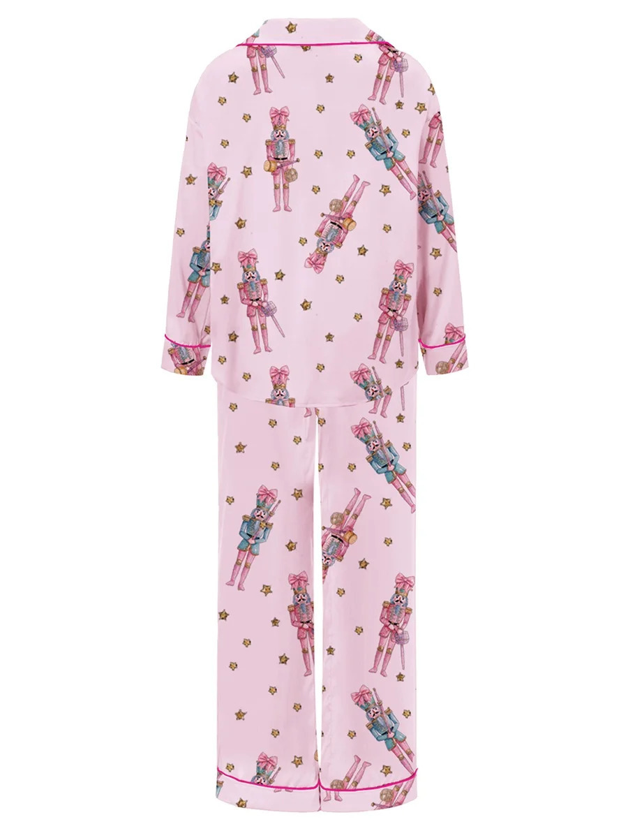 Women Christmas Pajama Set Cute Nutcracker Print Long Sleeve Button Down Shirt Pants Satin Silk PJ Set 2 Piece Jammies 241204