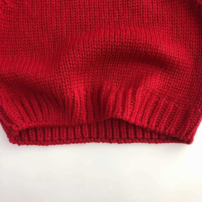 Baby Red Knitted Loose Sweater Childrens Boys and Girls New Years Top Childrens Thick Winter Knitted Soft Long Sleeve Baby Pulling Flower W241205