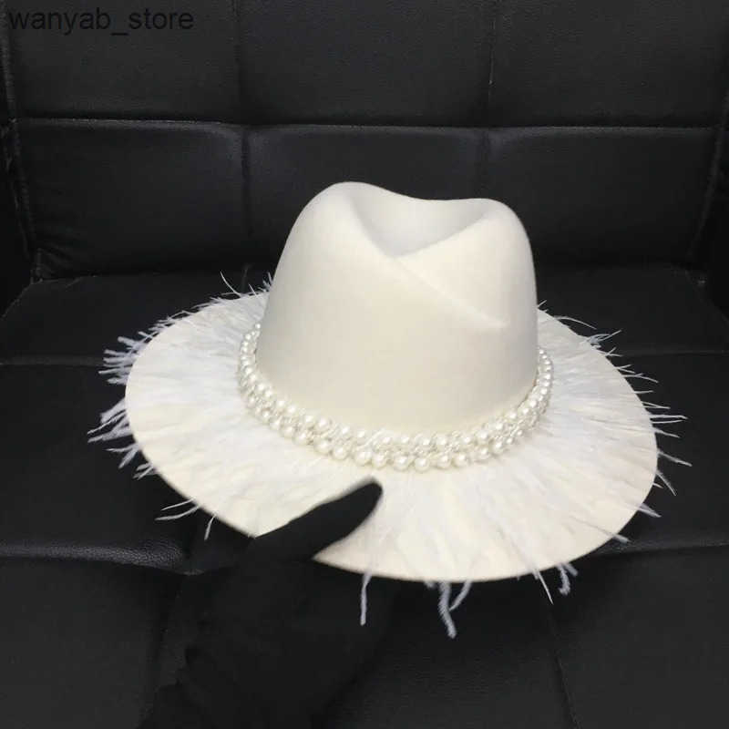 Cloches Classic white felt winter hat warm chloroprene wool pearl feather cork Brideby wedding church Fedora womens dress L240910